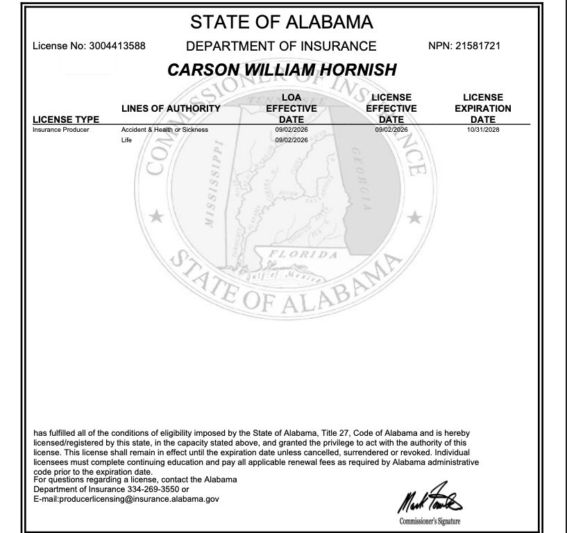 Carson Hornish Alabama insurance license