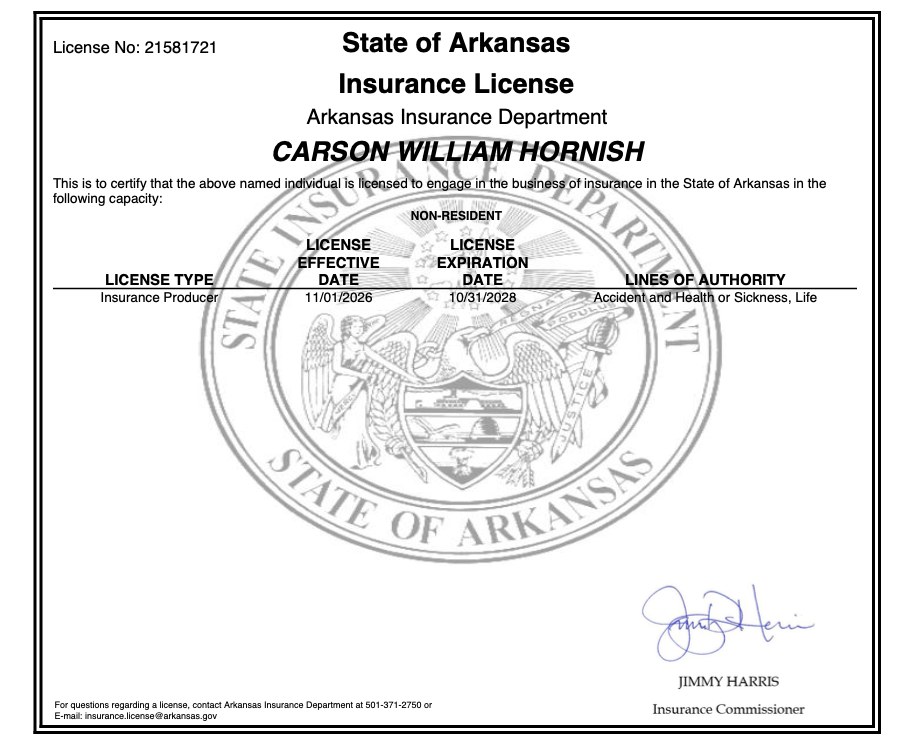 Carson Hornish Arkansas insurance license