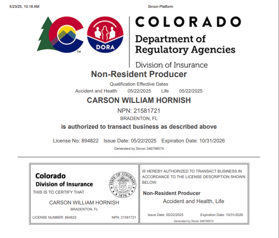 Carson Hornish Colorado insurance license