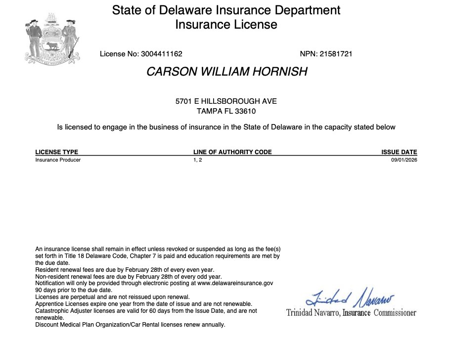 Carson Hornish Delaware insurance license