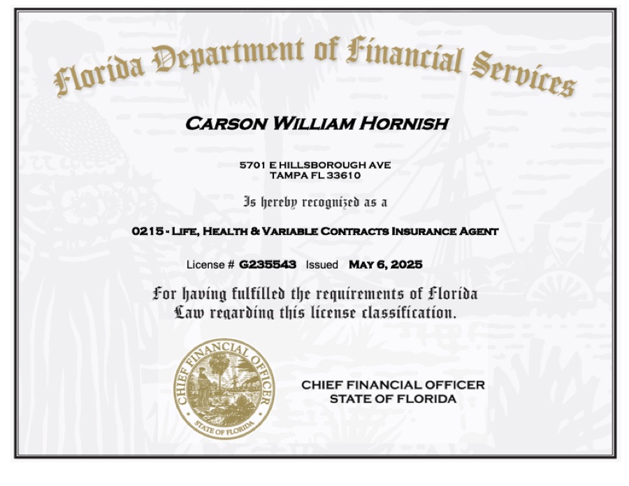 Carson Hornish Florida insurance license