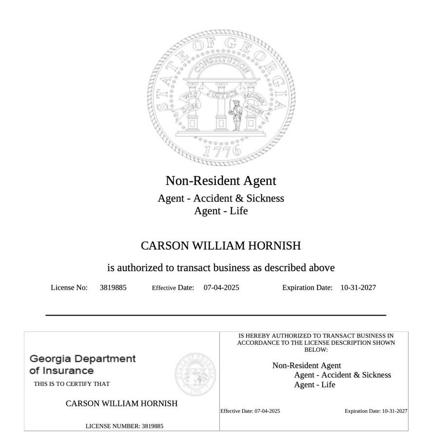 Carson Hornish Georgia insurance license