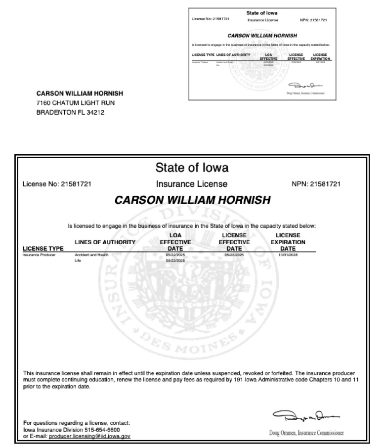 Carson Hornish Iowa insurance license