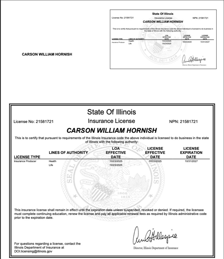 Carson Hornish Illinois insurance license