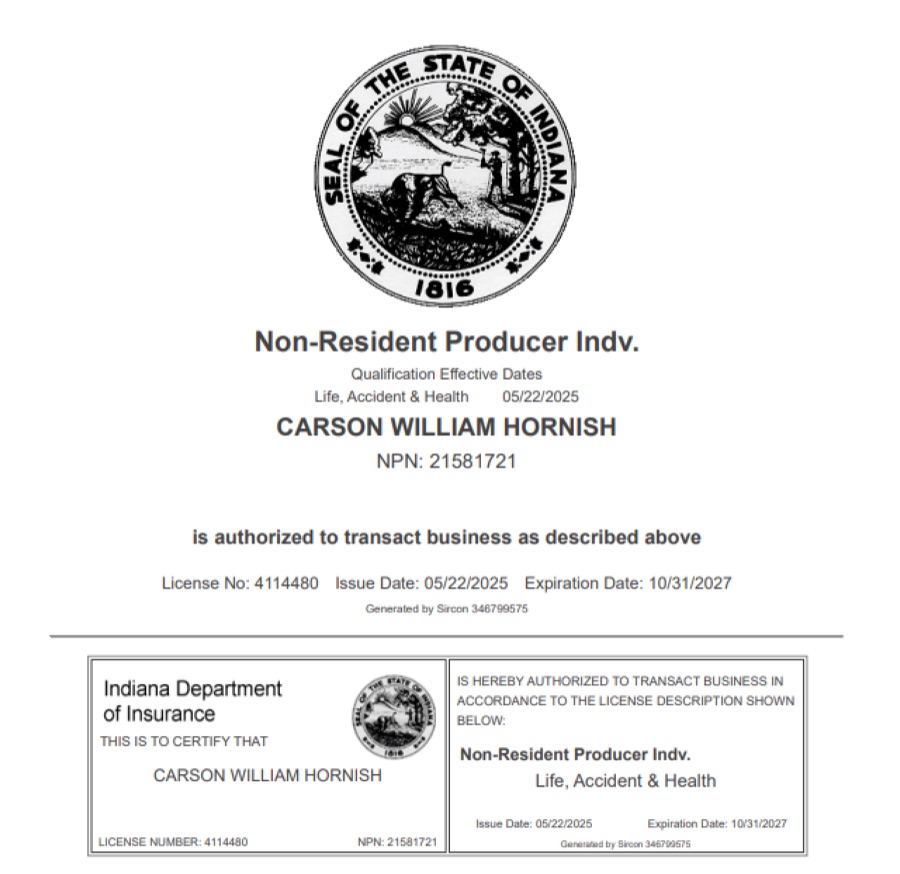 Carson Hornish Indiana insurance license