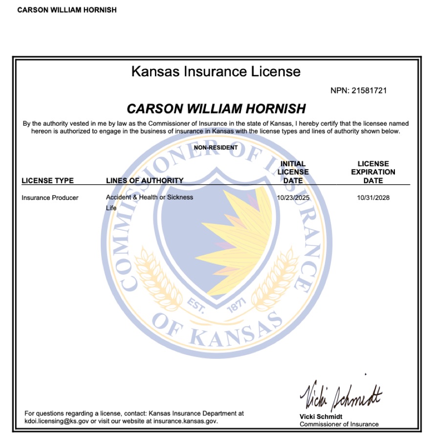 Carson Hornish Kansas insurance license