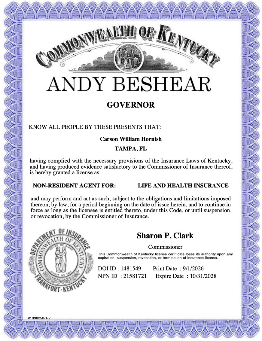 Carson Hornish Kentucky insurance license