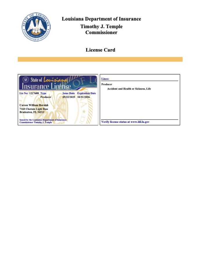 Carson Hornish Louisiana insurance license