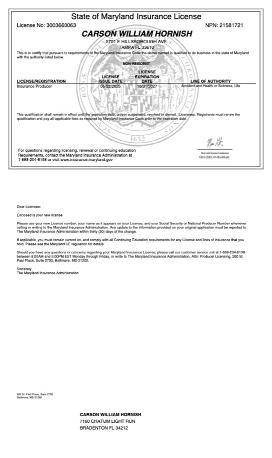 Carson Hornish Maryland insurance license