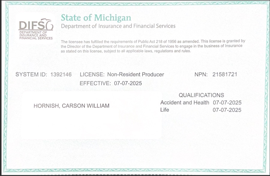 Carson Hornish Michigan insurance license