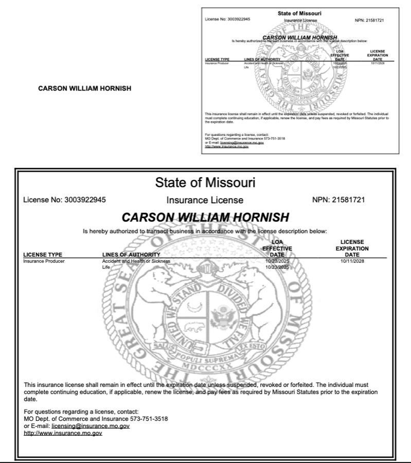 Carson Hornish Missouri insurance license