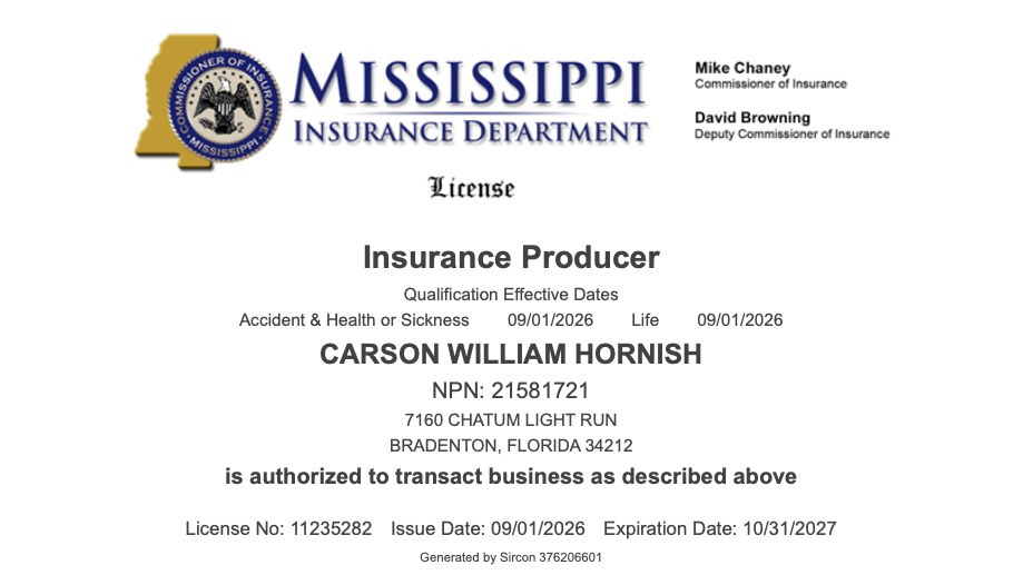 Carson Hornish Mississippi insurance license