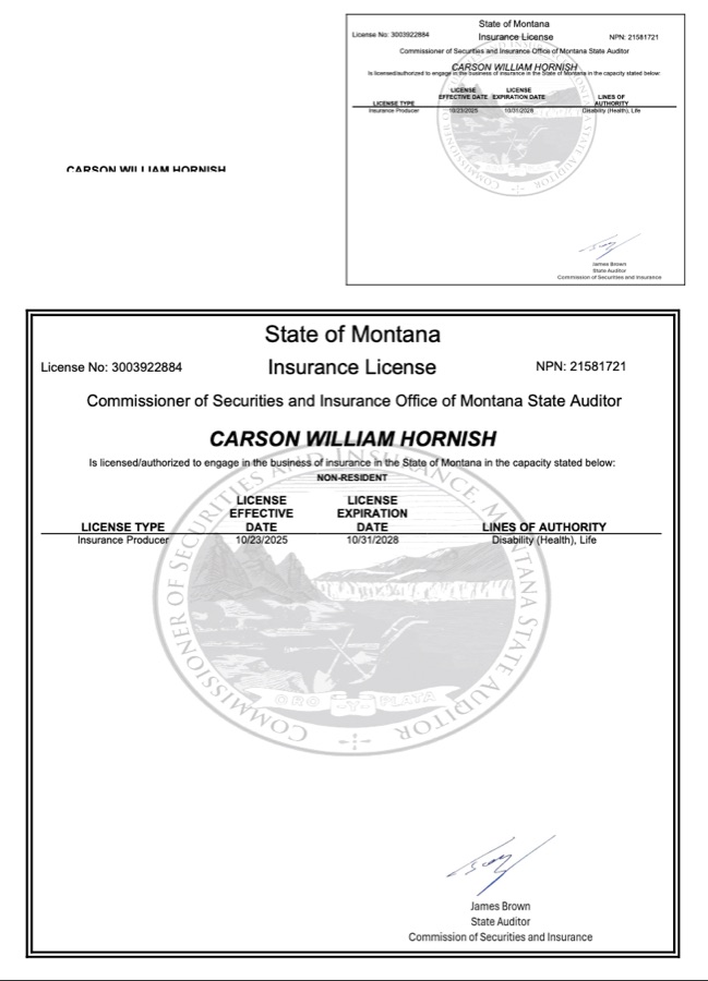 Carson Hornish Montana insurance license
