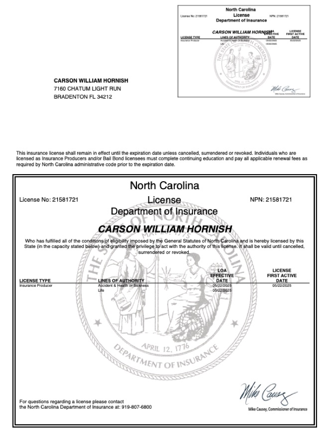 Carson Hornish North Carolina insurance license