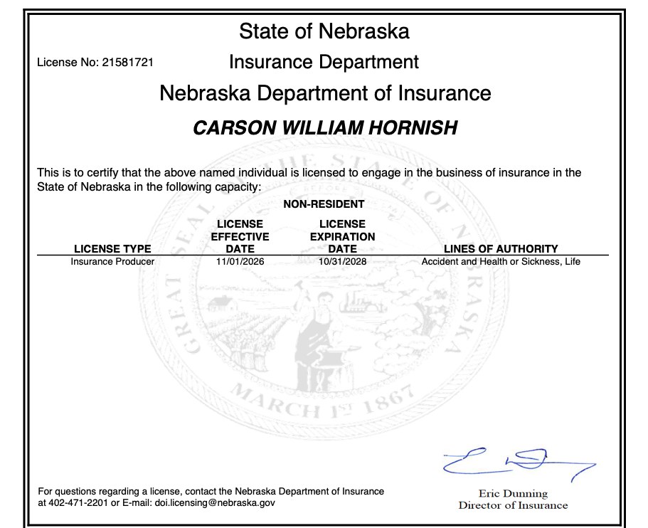 Carson Hornish Nebraska insurance license