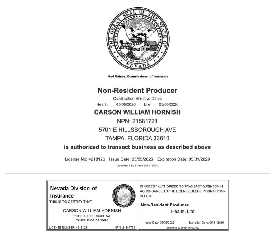 Carson Hornish Nevada insurance license