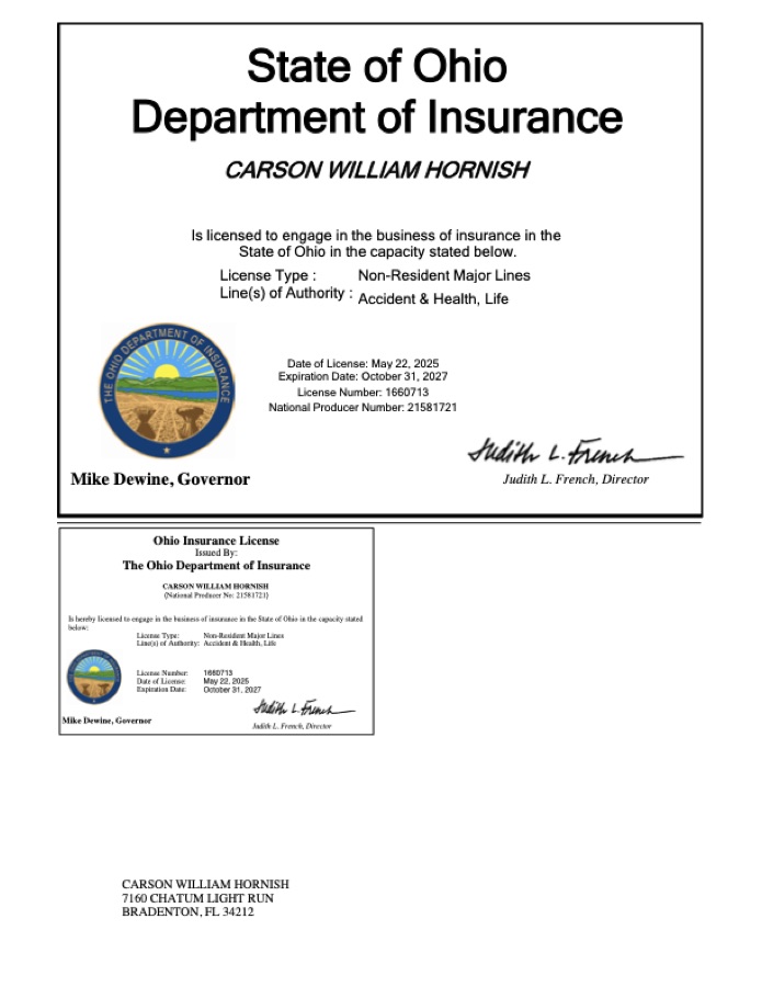 Carson Hornish Ohio insurance license