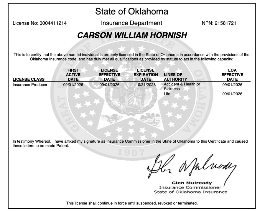 Carson Hornish Oklahoma insurance license