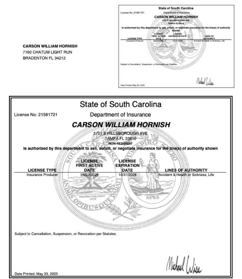 Carson Hornish South Carolina insurance license