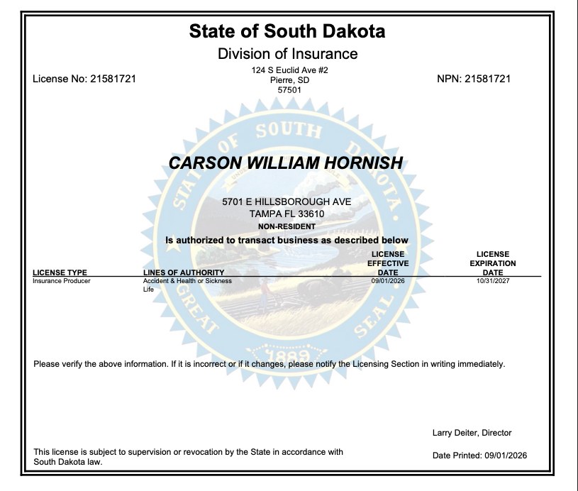Carson Hornish South Dakota insurance license