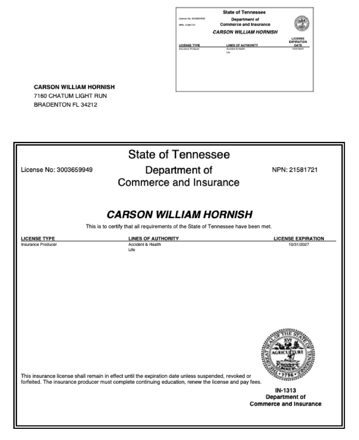 Carson Hornish Tennessee insurance license