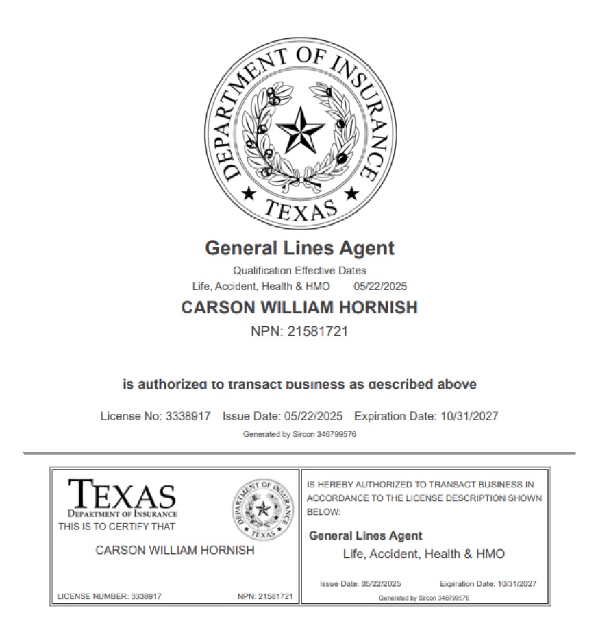 Carson Hornish Texas insurance license