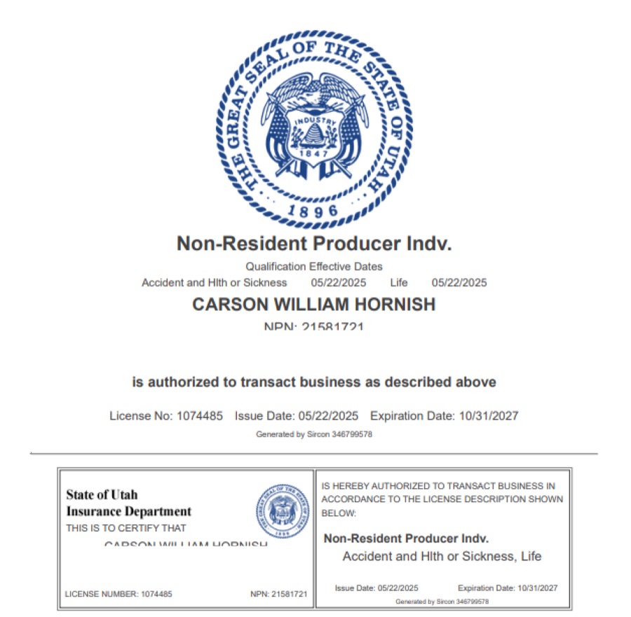 Carson Hornish Utah insurance license