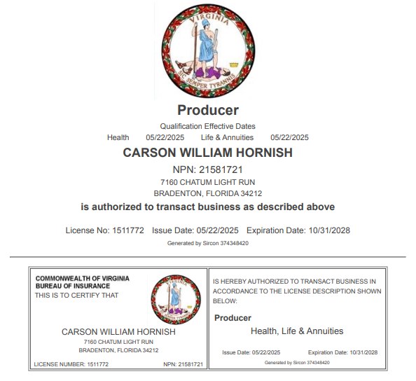 Carson Hornish Virginia insurance license