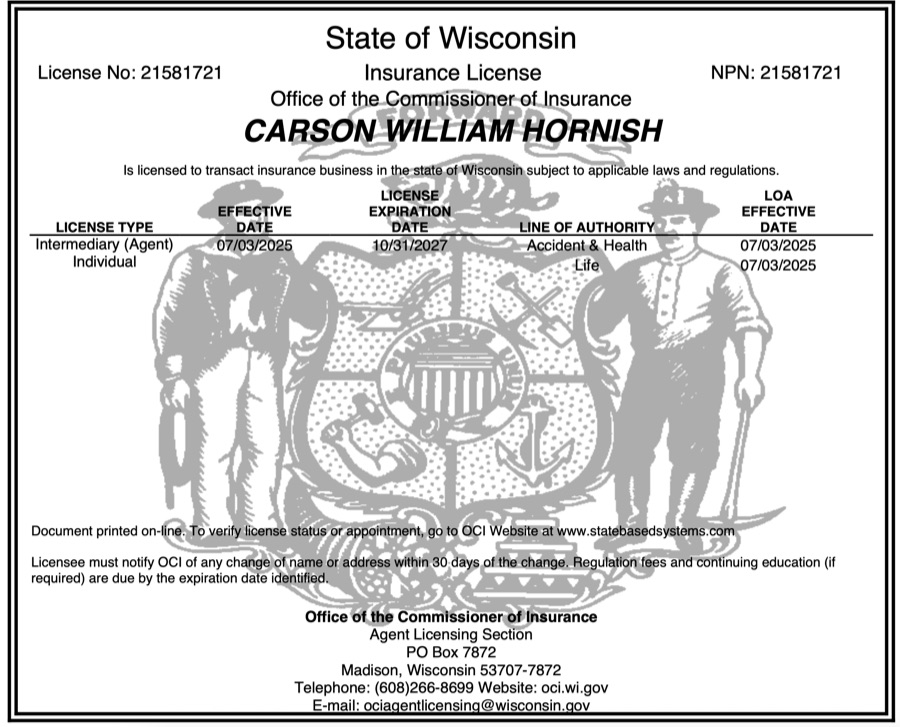 Carson Hornish Wisconsin insurance license