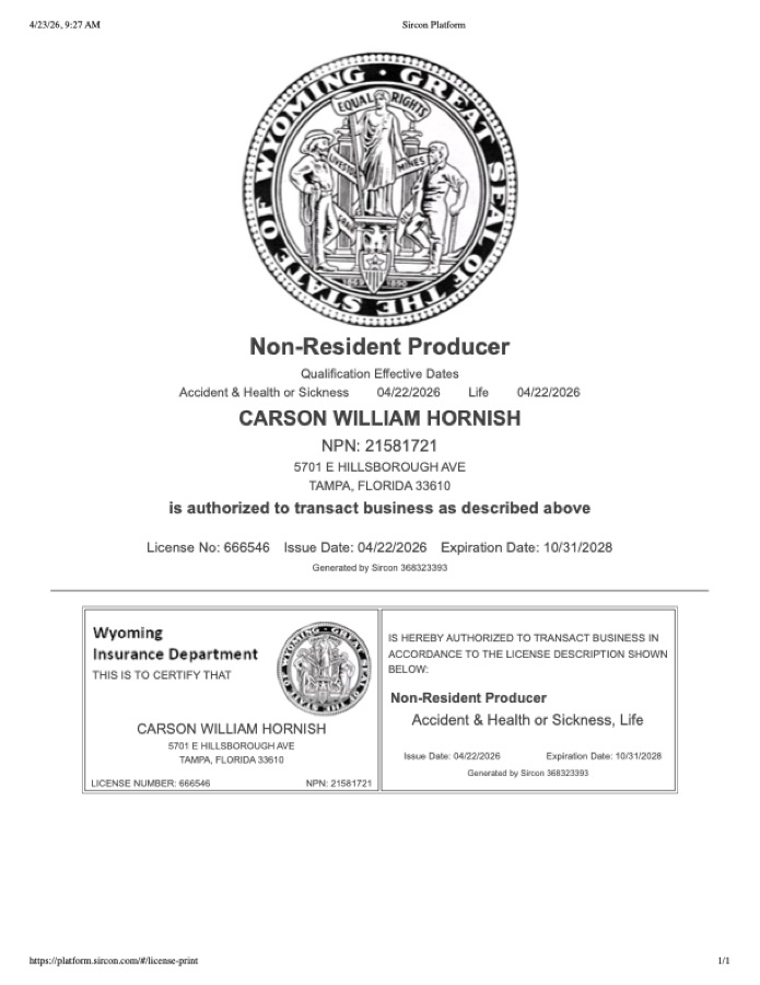 Carson Hornish Wyoming insurance license